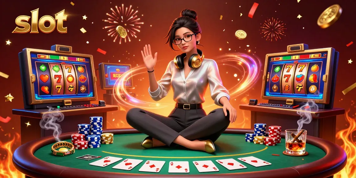 Engaging slot game scene with a skilled Asian woman gaming at her high-tech setup amid dynamic reels and poker chips.