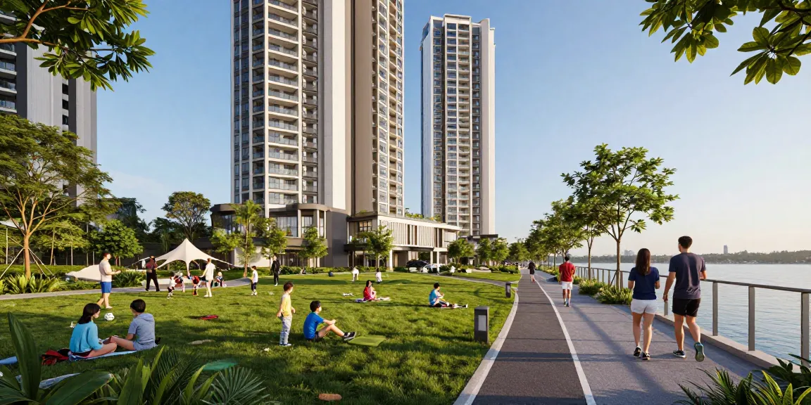 Tanjong Rhu Residences showcasing modern architecture and vibrant community atmosphere with families enjoying the waterfront and skyline views.