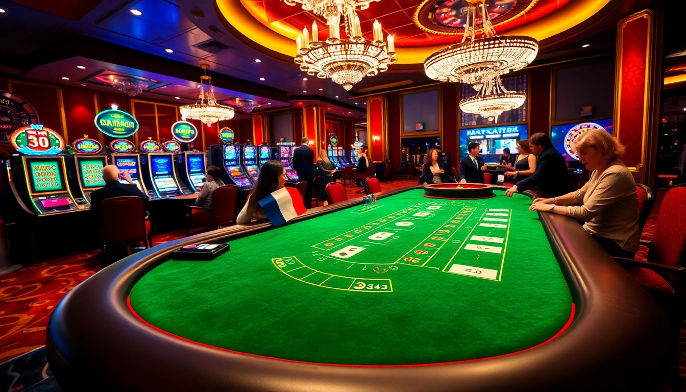 Des jeux passionnants au meilleur casino en ligne France avec des joueurs à une table de blackjack entourée de machines à sous vibrantes.