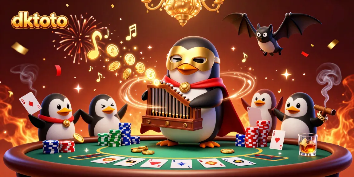 Experience thrilling dktoto action with a penguin playing a golden organ amidst a vibrant casino scene.