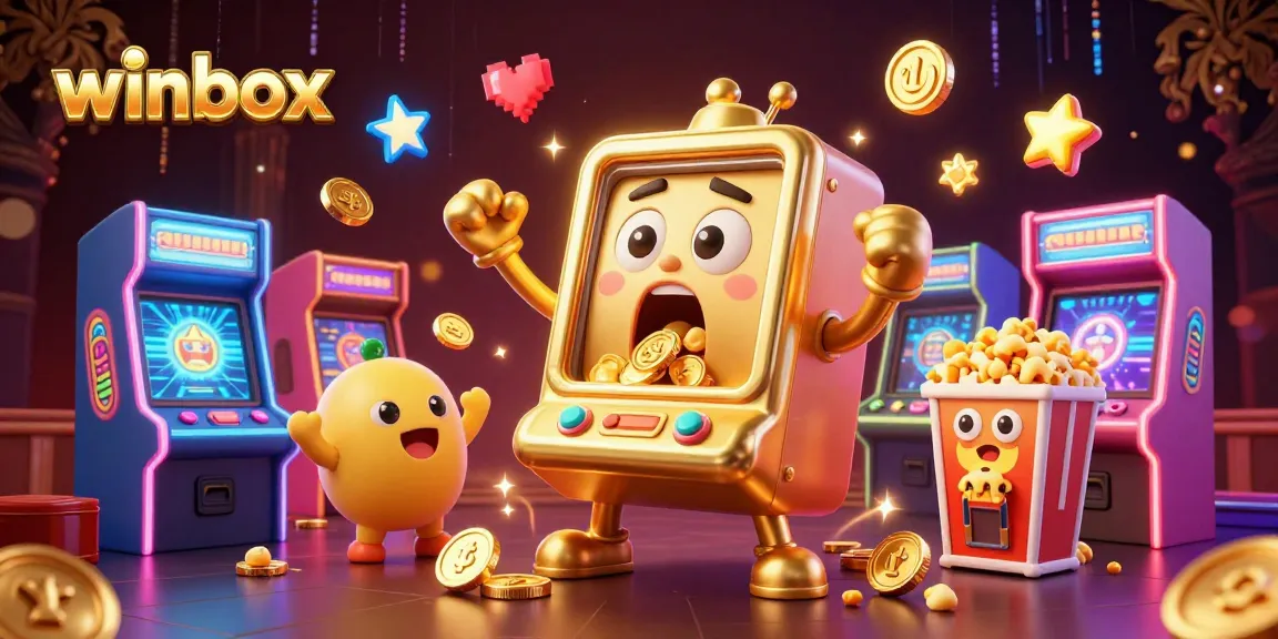 Winbox slots-themed 3D cartoon illustration showcasing a golden slot machine celebrating a jackpot.