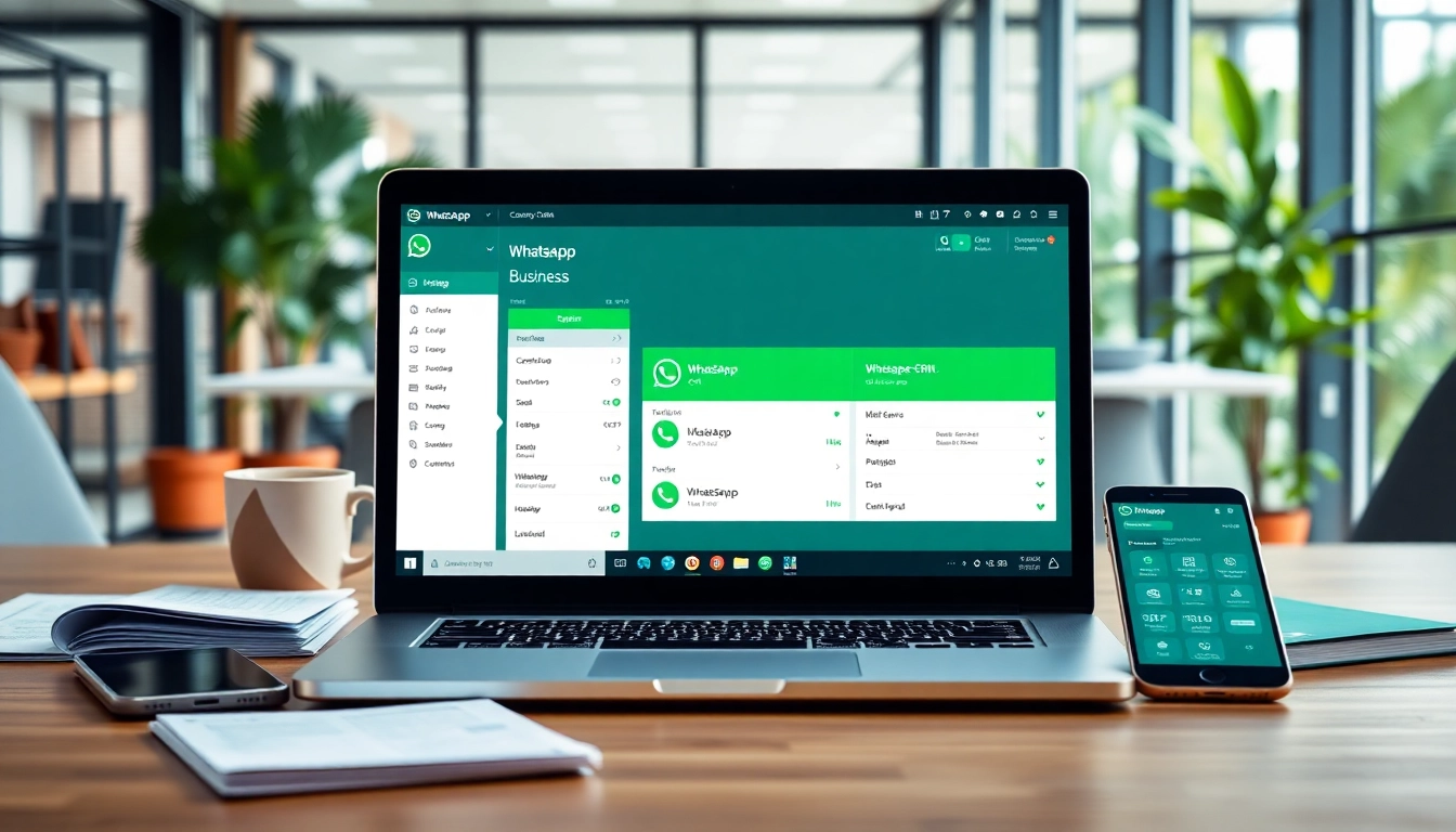 Optimize customer engagement with WhatsApp Business CRM displayed on a sleek laptop in a modern office setting.