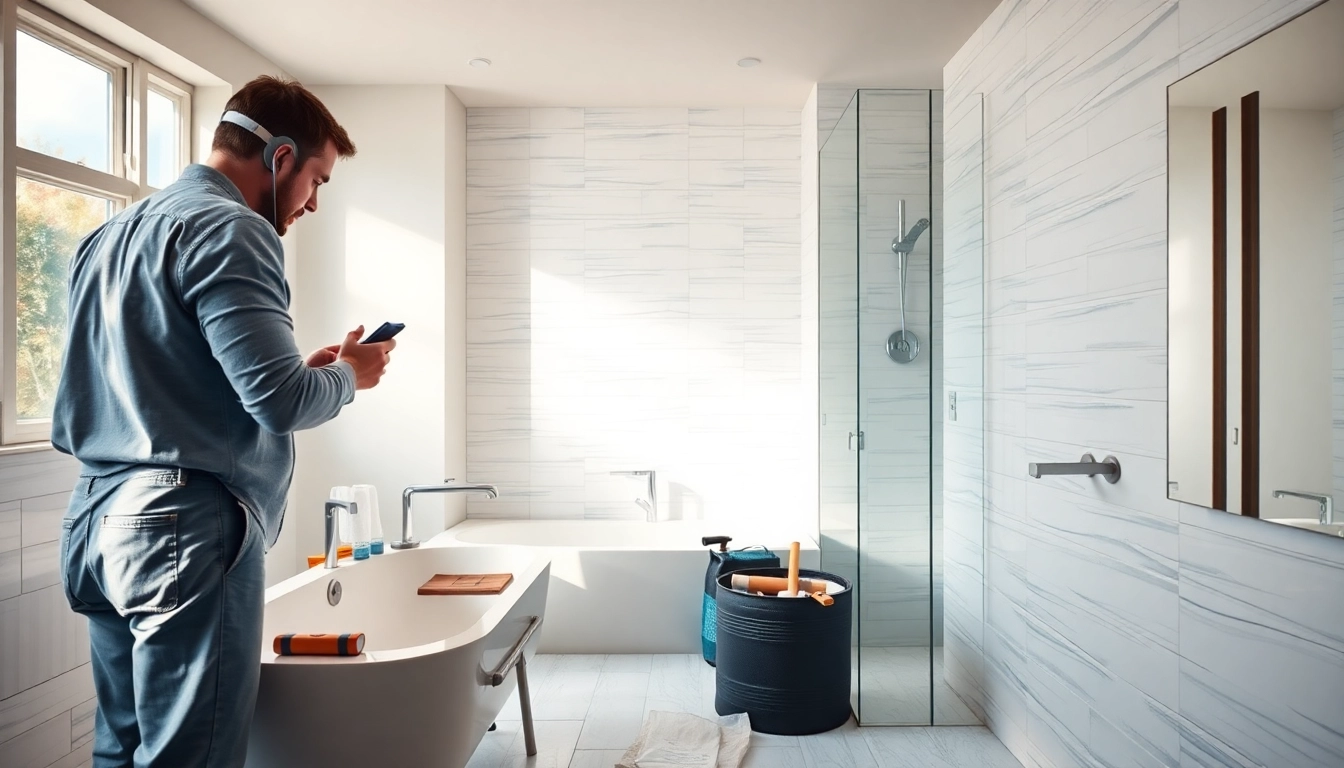 Bathroom remodelers collaborating on a stylish renovation featuring elegant fixtures and inviting atmosphere.
