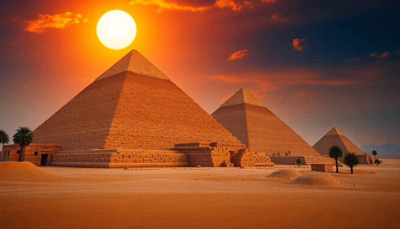 Ancient Egyptian piraminds illuminated by sunset, showcasing their majestic structures and textures.