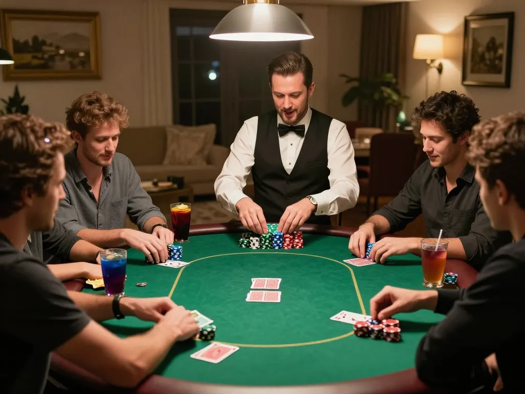 Engaged players enjoying ดูหนังใหม่ at a home poker game, intense atmosphere showcasing strategy and interaction