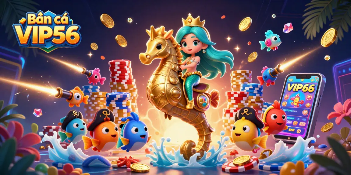 Bắn cá VIP66 game scene showcasing a mermaid and seahorse amidst vibrant prizes and energetic gameplay elements.