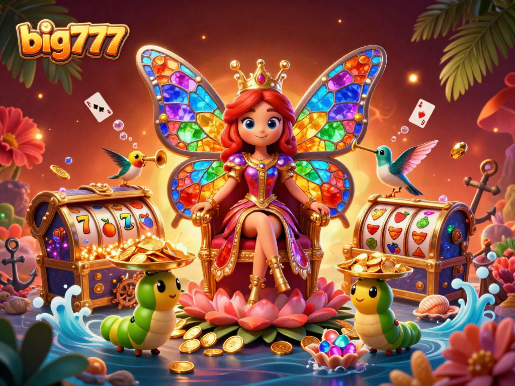 Experience the excitement of big777 with vibrant 3D casino elements featuring a butterfly queen and golden slots.