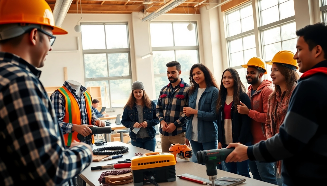 Engaging scene of construction training programs where students learn hands-on skills.