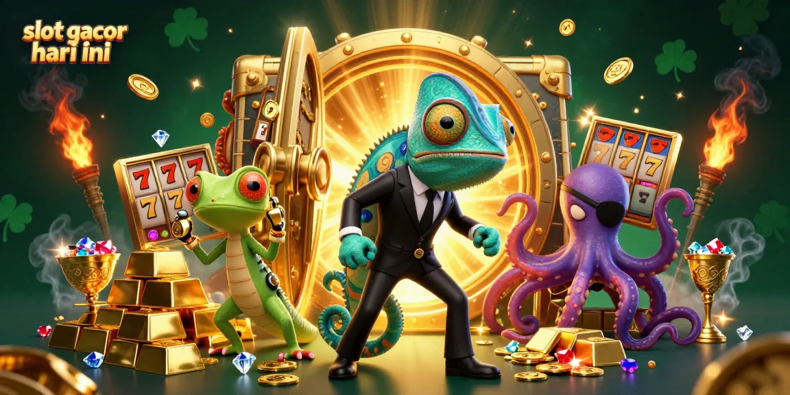 Slot gacor hari ini menampilkan ilustrasi digital 3D penuh warna dengan karakter kasino berinteraksi di tengahnya.