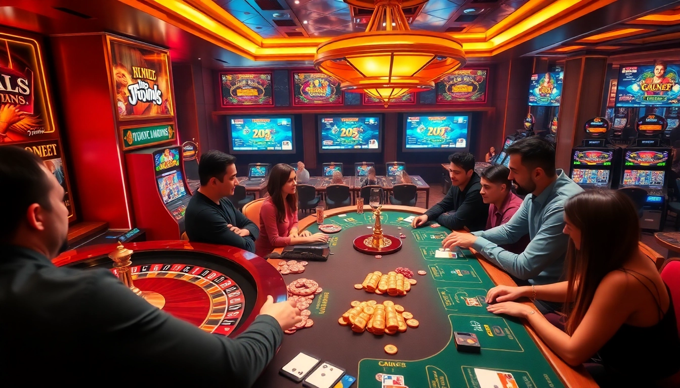 Découvrez l'excitation du meilleur casino en ligne France avec des joueurs profitant d'une atmosphère de jeu luxueuse.