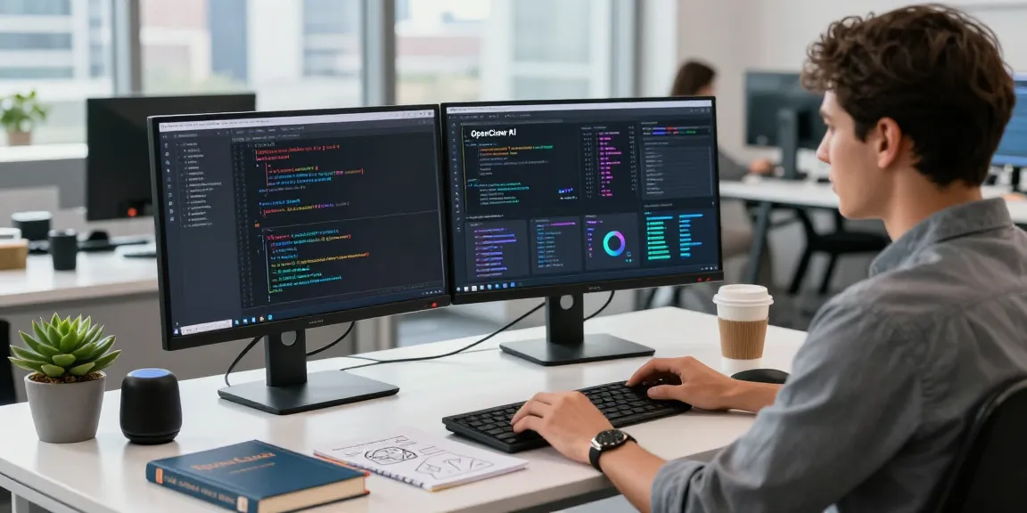 Open Claw AI setup with dual monitors displaying code and analytics in a modern office.