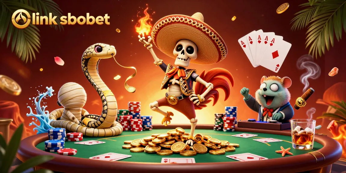 Join the vibrant action with link sbobet as a skeleton mariachi dances amidst golden coins and poker stakes.