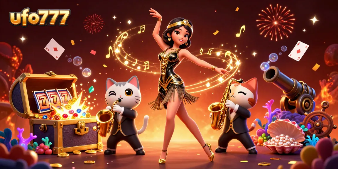 Win big with ufo777 as colorful slot reels and confetti enhance this dynamic gaming scene.