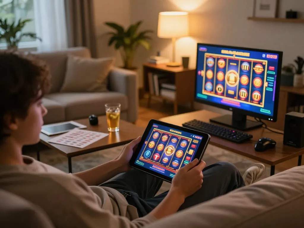 Engaged player enjoying casino online stranieri sicuri at home using tablet, vibrant game on screen, cozy atmosphere