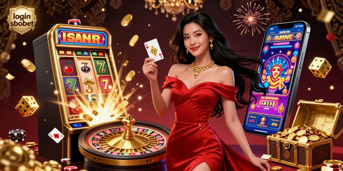 Engage in the excitement of login sbobet with a stunning Asian woman holding a golden playing card amidst vibrant casino elements.