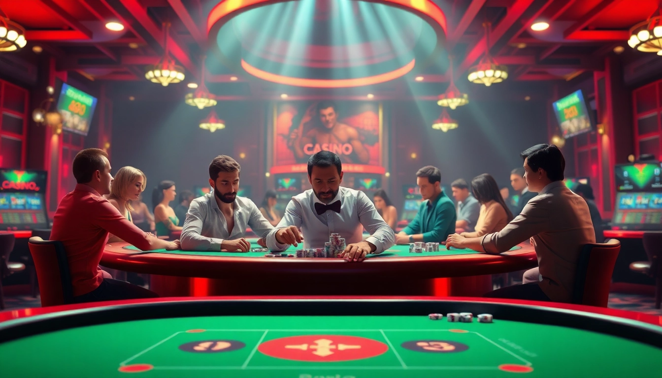 Jogadores se divertindo em um cassino online, com luzes vibrantes e instrumentos de jogo destacados.
