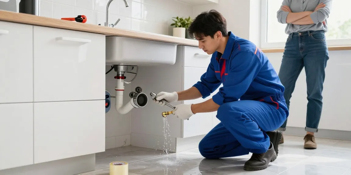 Emergency plumber in Leighton Buzzard fixing burst pipe under sink in a modern kitchen.
