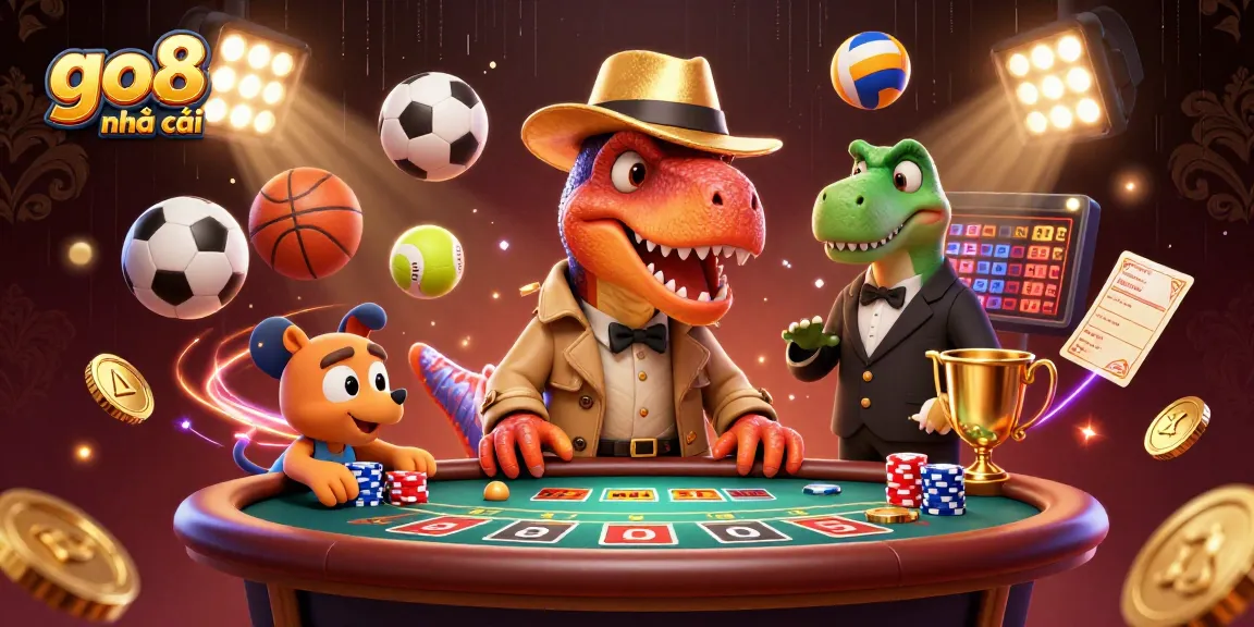 Experience captivating action at go8 nhà cái with a velociraptor at a blackjack table, surrounded by casino elements.