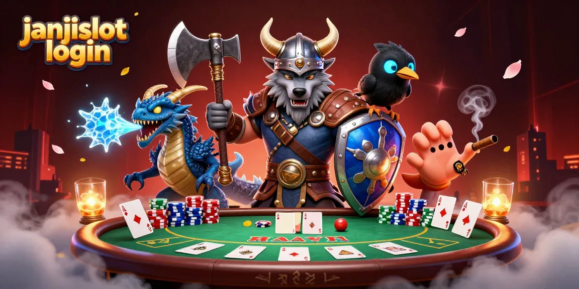 Join the thrill with janjislot login at this vibrant casino scene featuring a wolf warrior and dragon.