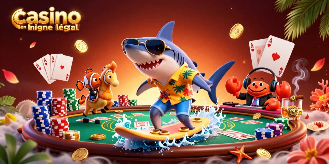 Visuel dynamique illustrant "casino en ligne france légal" avec un requin et une ambiance festive.