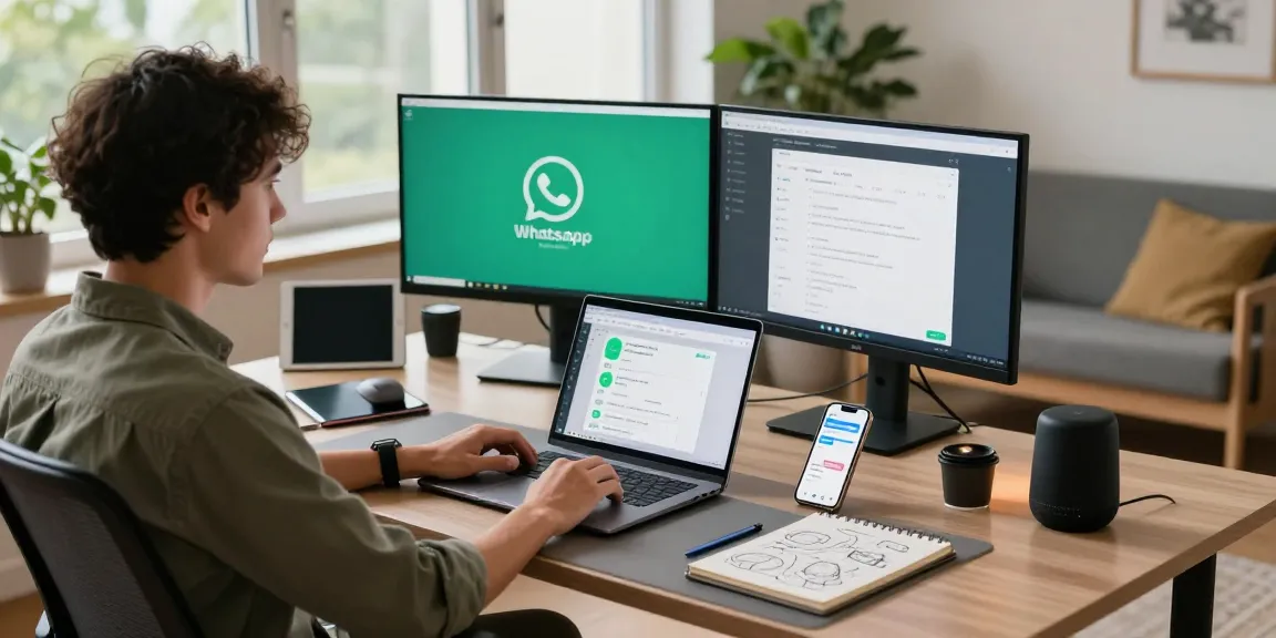 User engaging with WhatsApp電腦版 in a modern home office, showcasing productivity and tech integration.