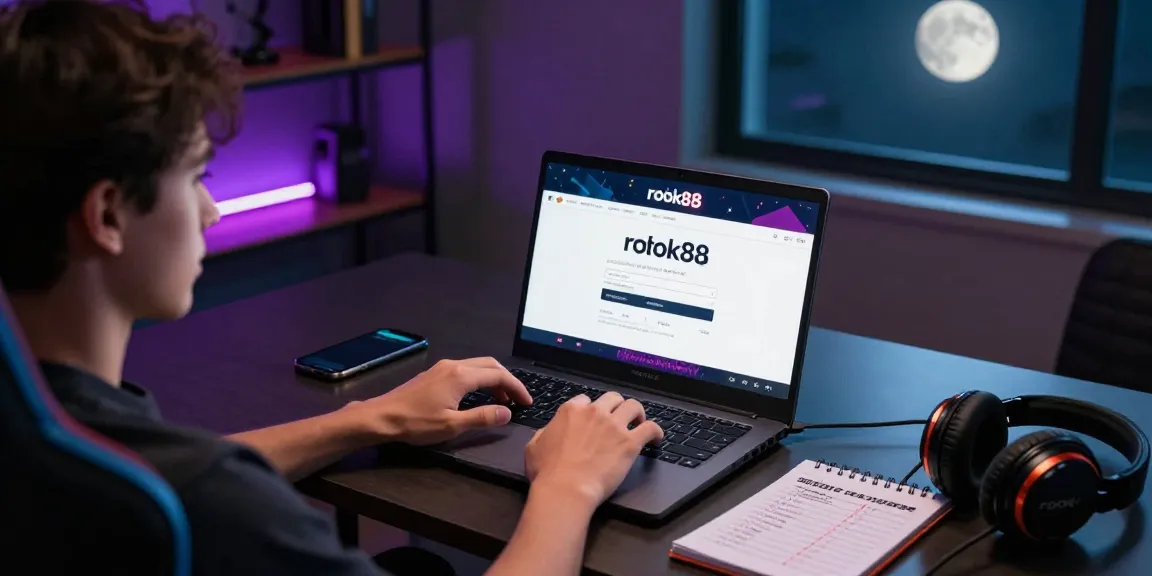 User at home engaging with rokok88 login on laptop, stylish gaming setup with modern decor.