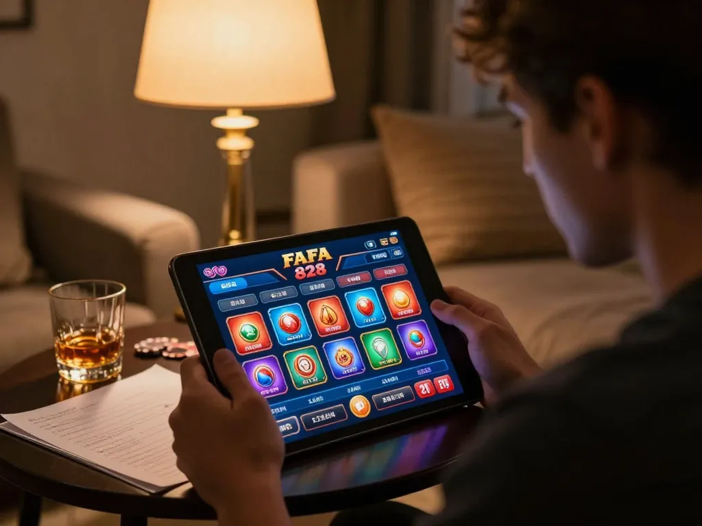 Player engaged with FAFA 828 casino app on tablet, showcasing home gambling strategy and excitement.