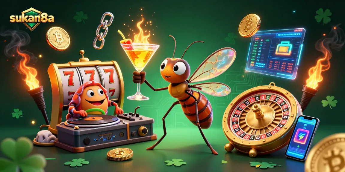 Sukan8a casino scene showcasing vibrant characters, slot reels, and glowing crypto coins.