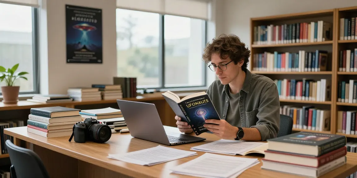 Researcher explores UFOnauts at https://tallengreenfield.com in a modern library.