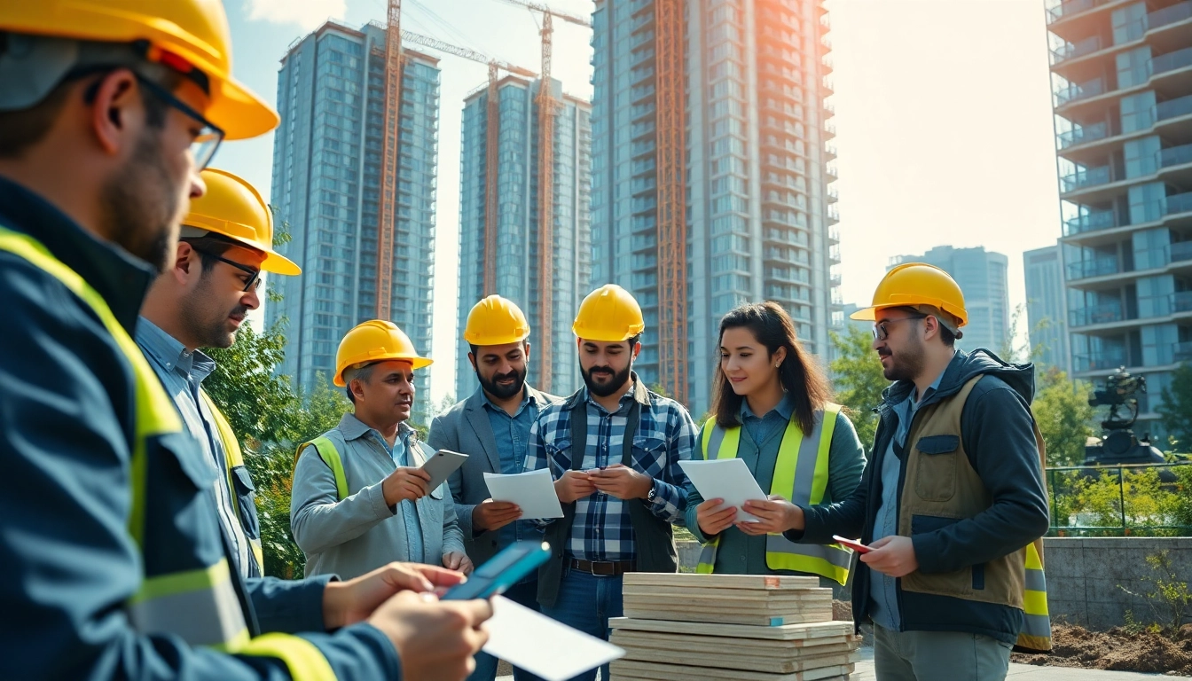 Performing construction assessment testing with technicians evaluating materials on-site.