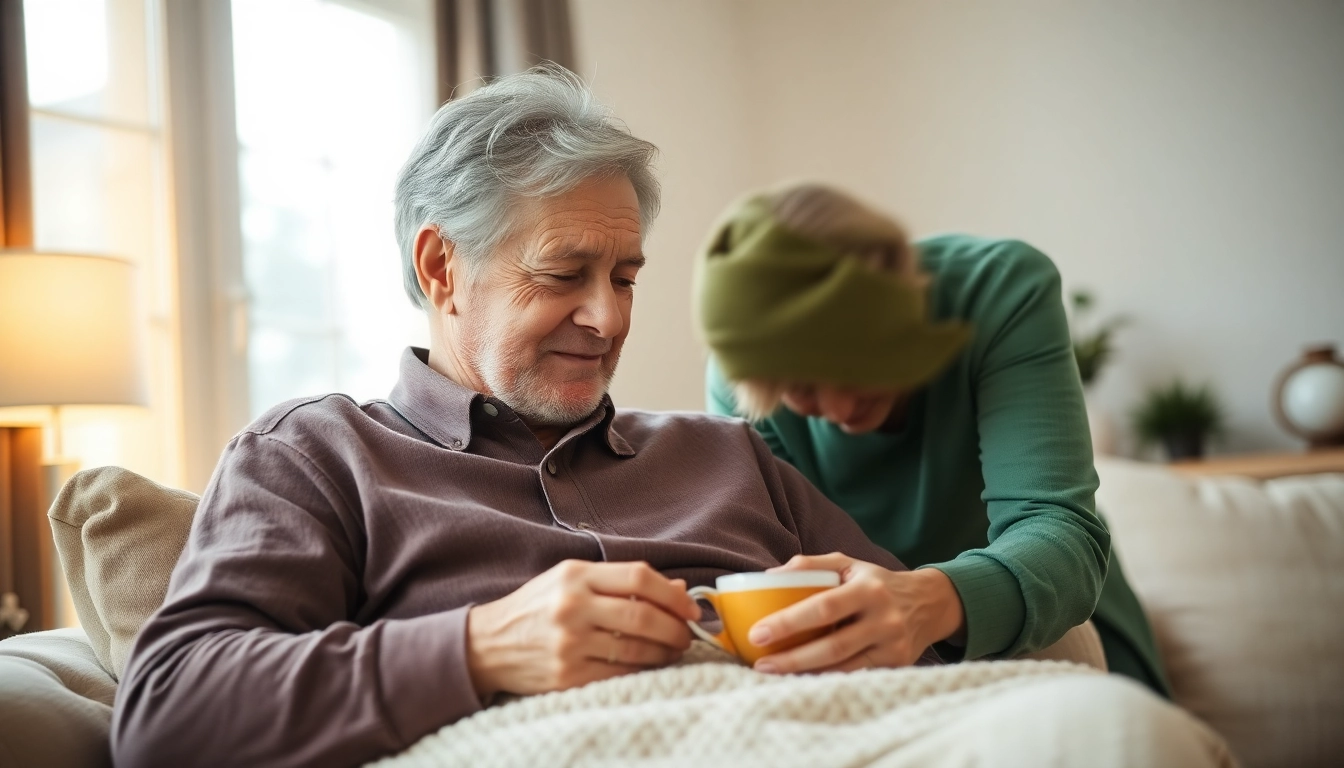 Offering elderly in home care near me, a caregiver supports an elderly man in a warm, inviting home.