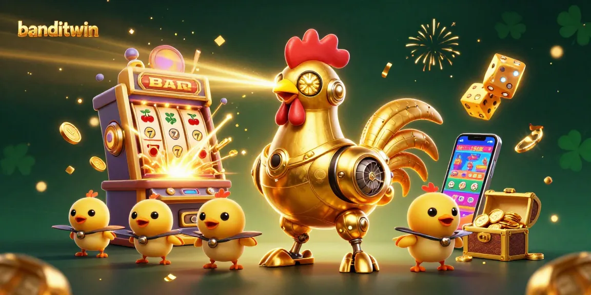 Robot ayam emas Banditwin beraksi di slot jackpot yang memukau dan menumpahkan koin.