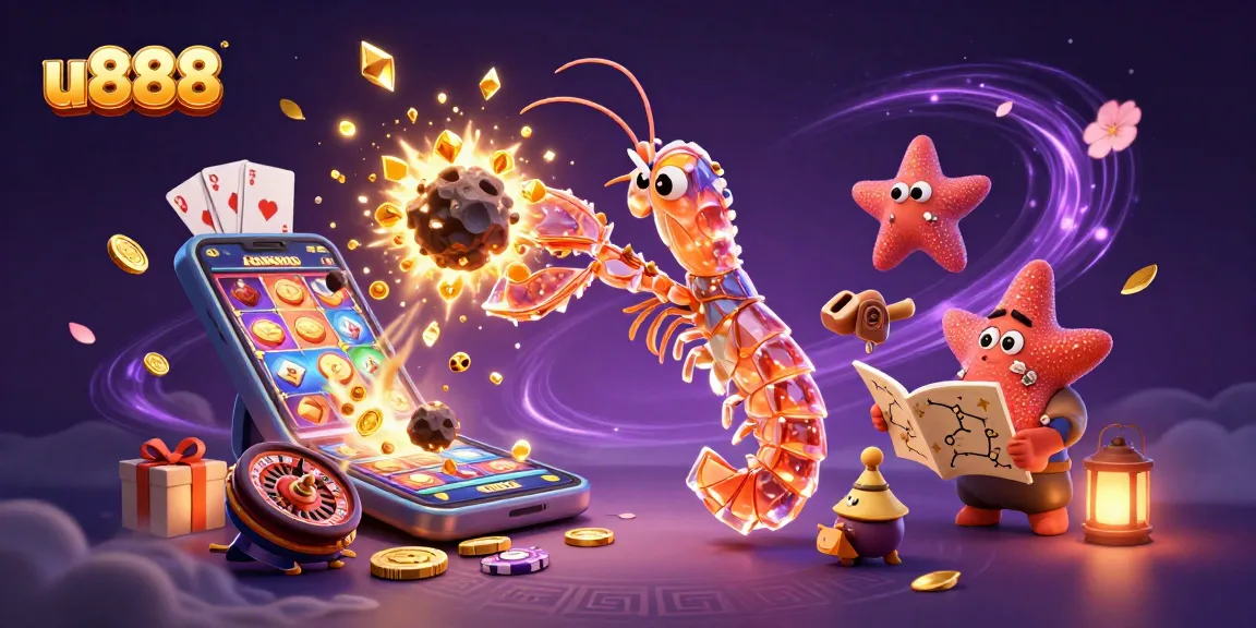 Engage in u888 gaming with a vibrant 3D illustration of a galactic samurai mantis shrimp breaking through an asteroid amidst casino elements.