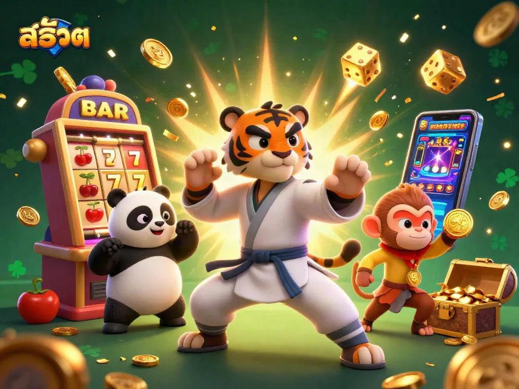 เกมสล็อต สล็อต ที่มีสล็อตแมชชีนและตัวละครกำลังเล่น