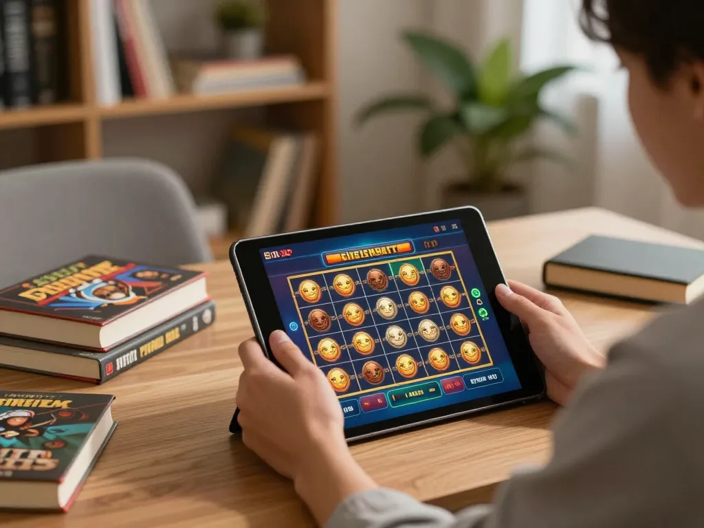 Sit at home enjoying situs slot games on a tablet with organized strategy materials.