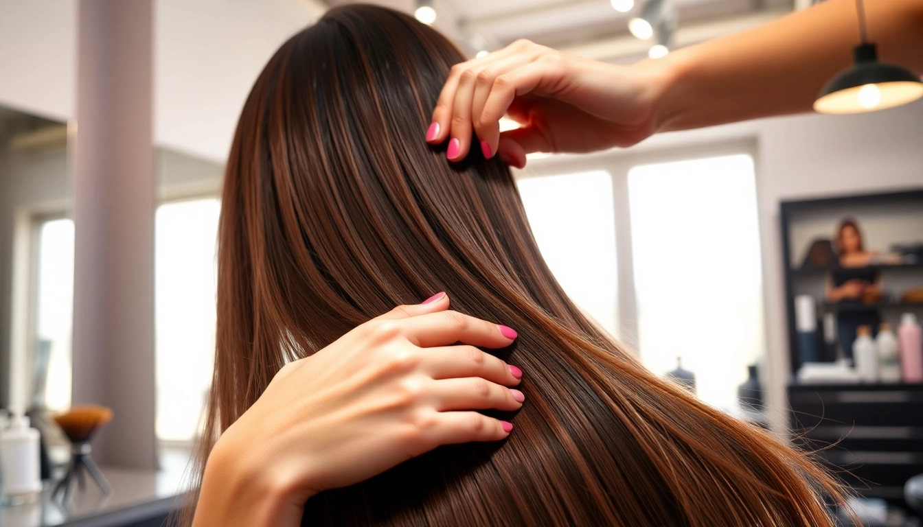 Sew in weft hair extensions being applied by a hairstylist in a bright salon for a stunning look.