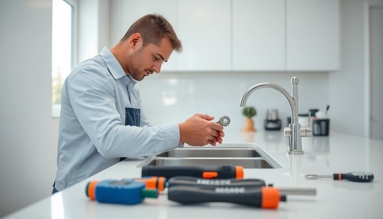 Plumber repairing a kitchen sink with tools organized around him, showcasing expertise and professionalism.