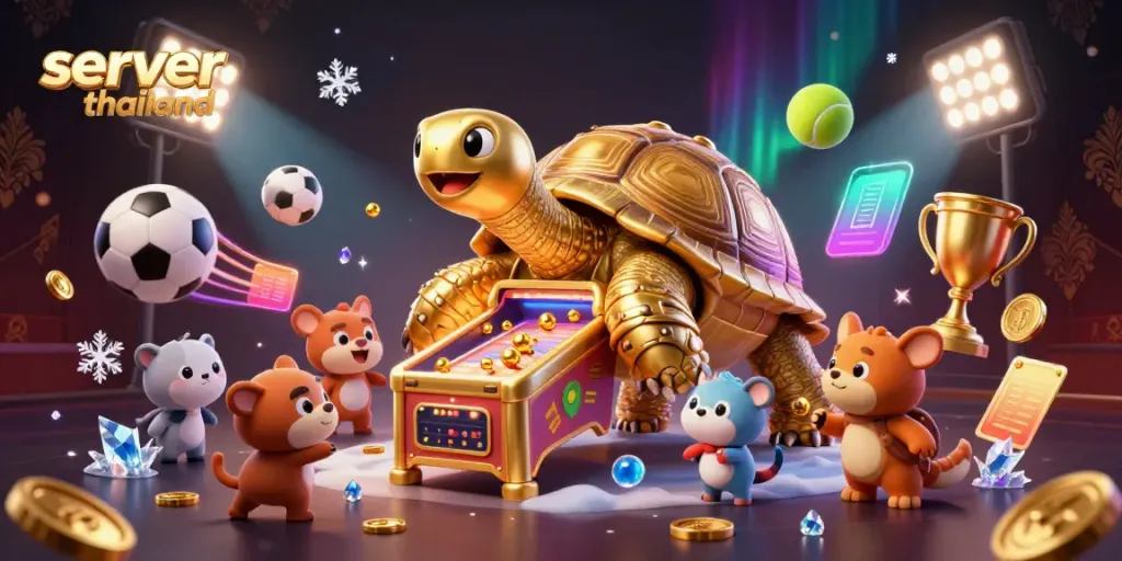 Engage in thrilling 3D casino games featuring server thailand with a colossal tortoise and vibrant sports balls.