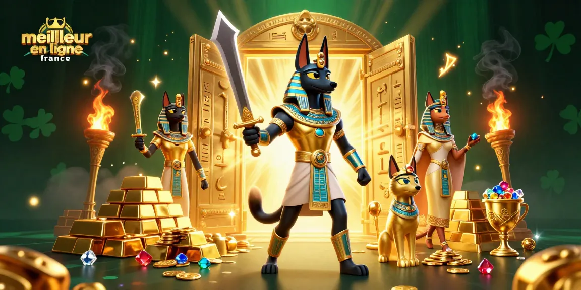 Vivez une expérience de jeu passionnante au meilleur casino en ligne France avec Anubis et Bastet entourés de trésors.