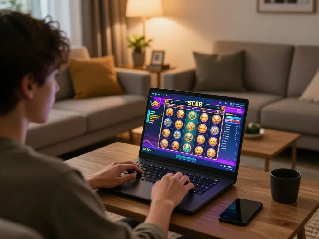 Engaging online gambling session at SC88VN with vibrant slot game on laptop screen.