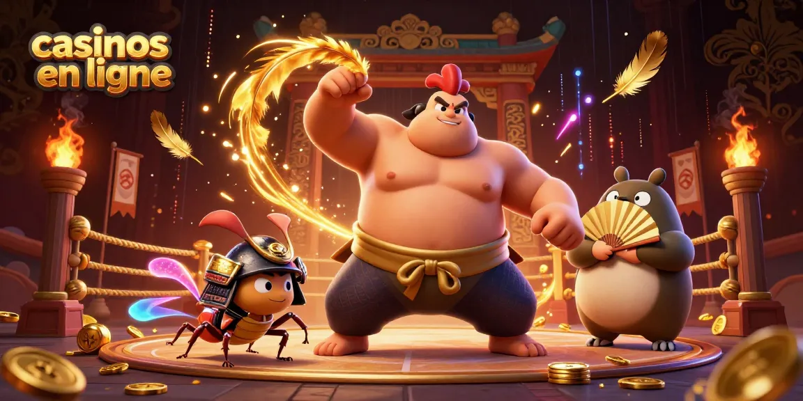 Jouez aux casinos en ligne avec un combattant sumo et un criquet samouraï dans une illustration dynamique.