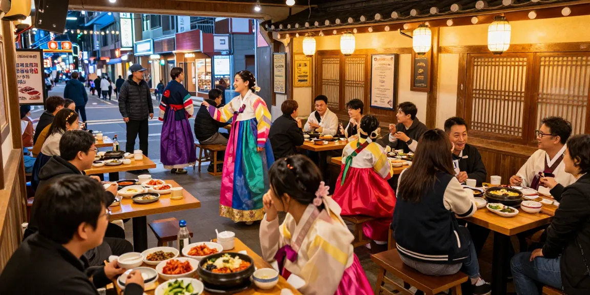 상봉동 한국관나이트 vibrant cultural night scene with guests enjoying traditional performances.