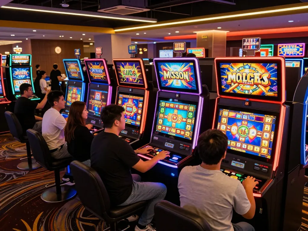 Players enjoying vibrant mahjong slot machines in a lively casino, celebrating wins