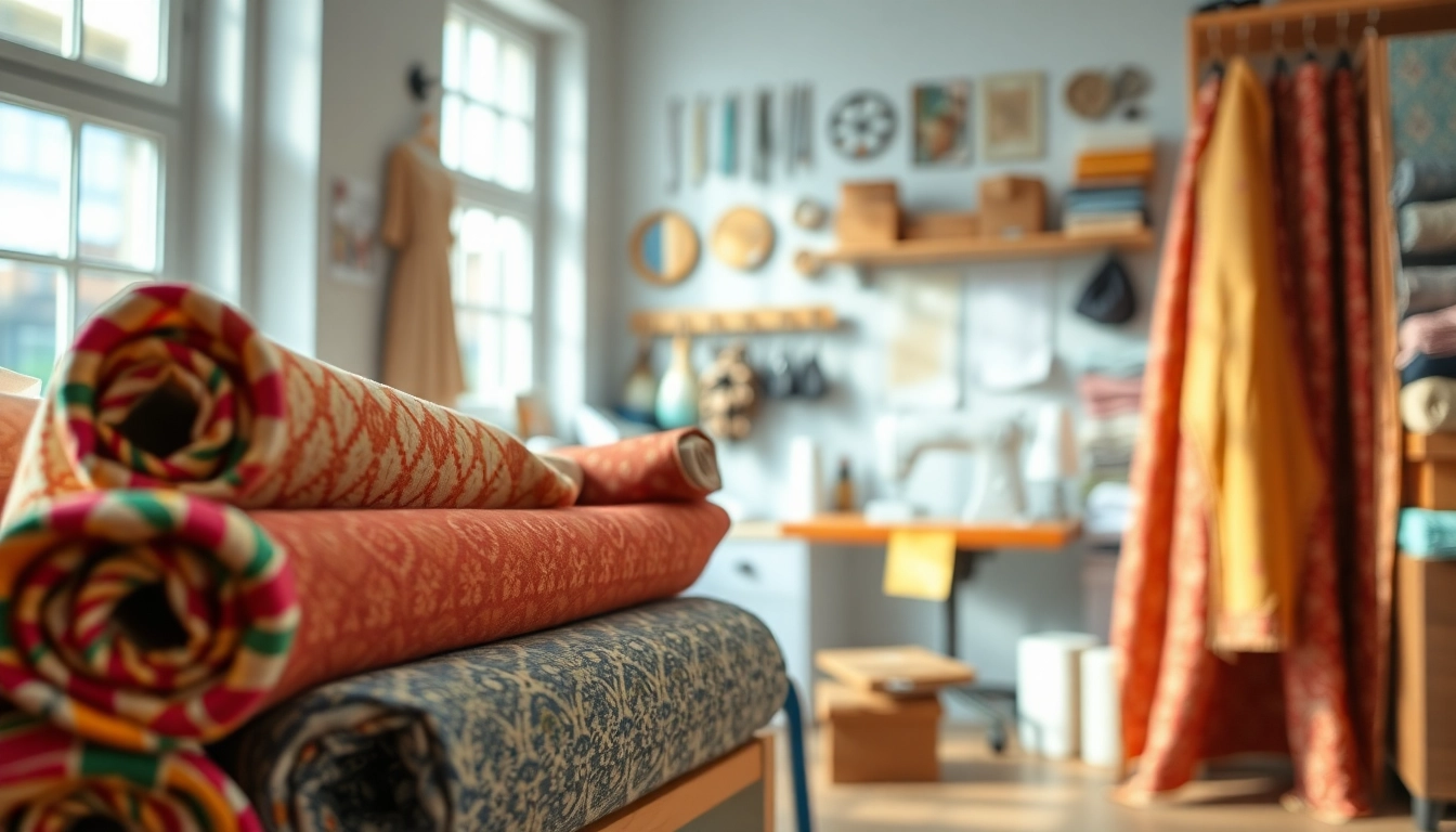 Vibrant wafelstof fabric display in a cozy sewing studio with colorful patterns.