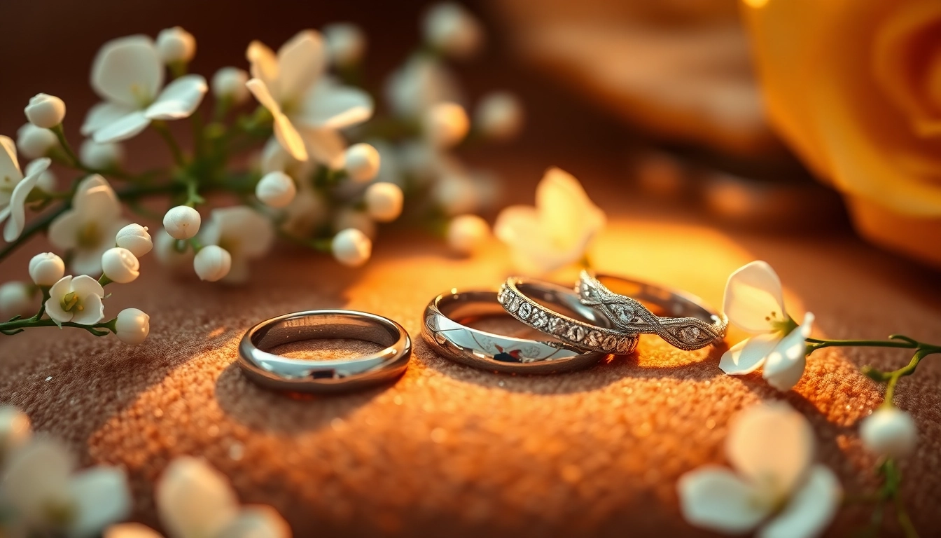 Showcasing exquisite wedding bands surrounded by delicate flowers to evoke romance.