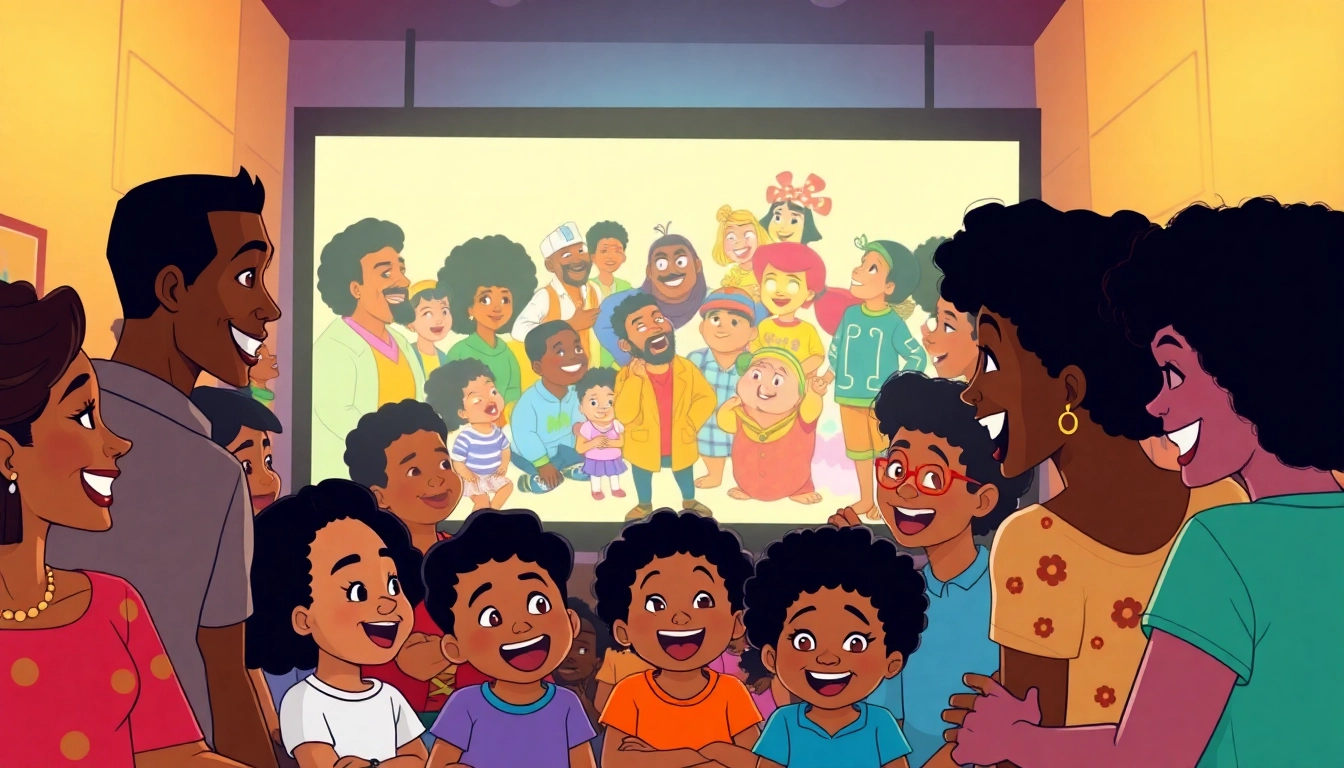 A joyful community scene celebrating African American Cartoons, featuring families enjoying animated classics on a big screen.