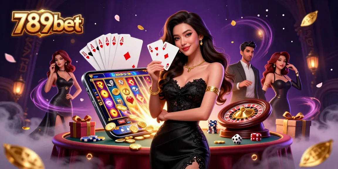 Experience thrilling gameplay at 789bet with an elegant casino scene showcasing a stylish Asian woman holding playing cards.