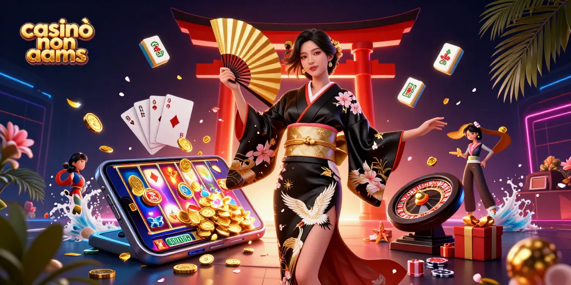 La scena di un casinò non AAMS mostra un'atmosfera vivace di casinò con una donna fotorealistica in un kimono, circondata da elementi di gioco emozionanti.
