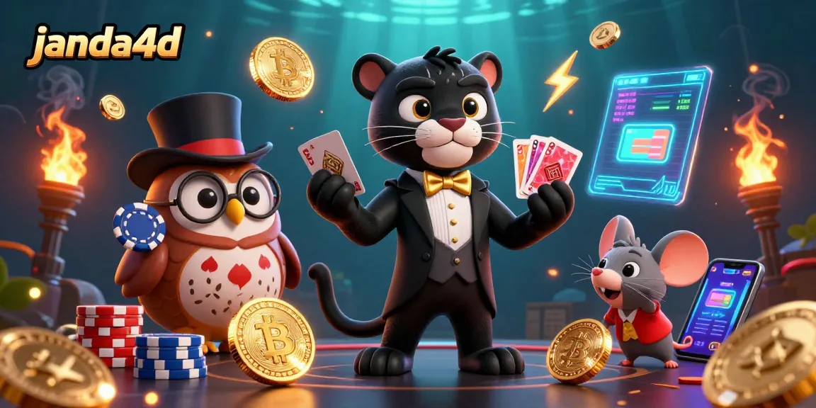 janda4d menghadirkan panther elegan yang sedang membagikan kartu sambil dikelilingi koin crypto dan elemen kasino.