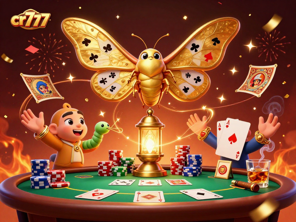 Gambarkan permainan kasino cr777 dengan kupu-kupu dan elemen poker yang menarik.